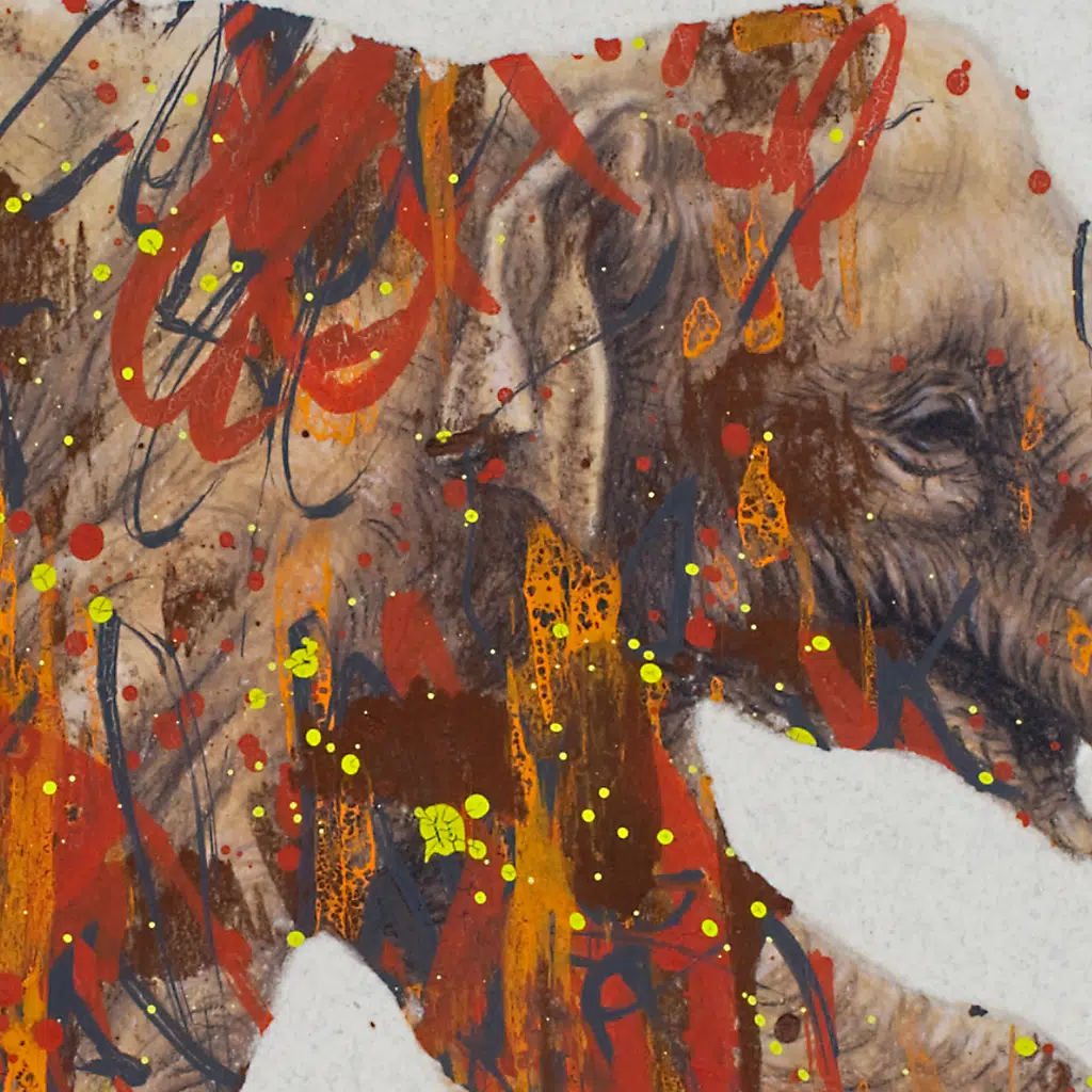 Asian-Elephant-DETAIL-02-2560 The Forest For The Trees (Asian Elephant)-cropped detail. A color drawing of an Asian Elephant covered with abstract elemants of paint in shades of orange, red and yellow.