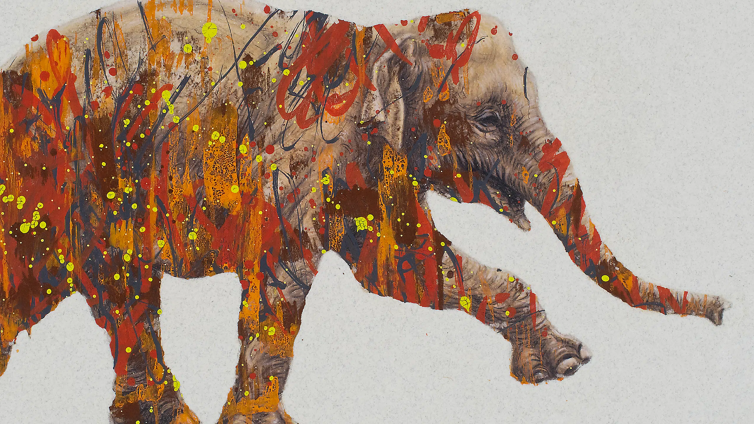 Asian-Elephant-MARQUE-2560 The Forest For The Trees (Asian Elephant)-cropped detail. A color drawing of an Asian Elephant covered with abstract elemants of paint in shades of orange, red and yellow.