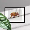 The Forest For The Trees (Asian Elephant)-framed print mockup in room. A color drawing of an Asian Elephant covered with abstract elemants of paint in shades of orange, red and yellow.