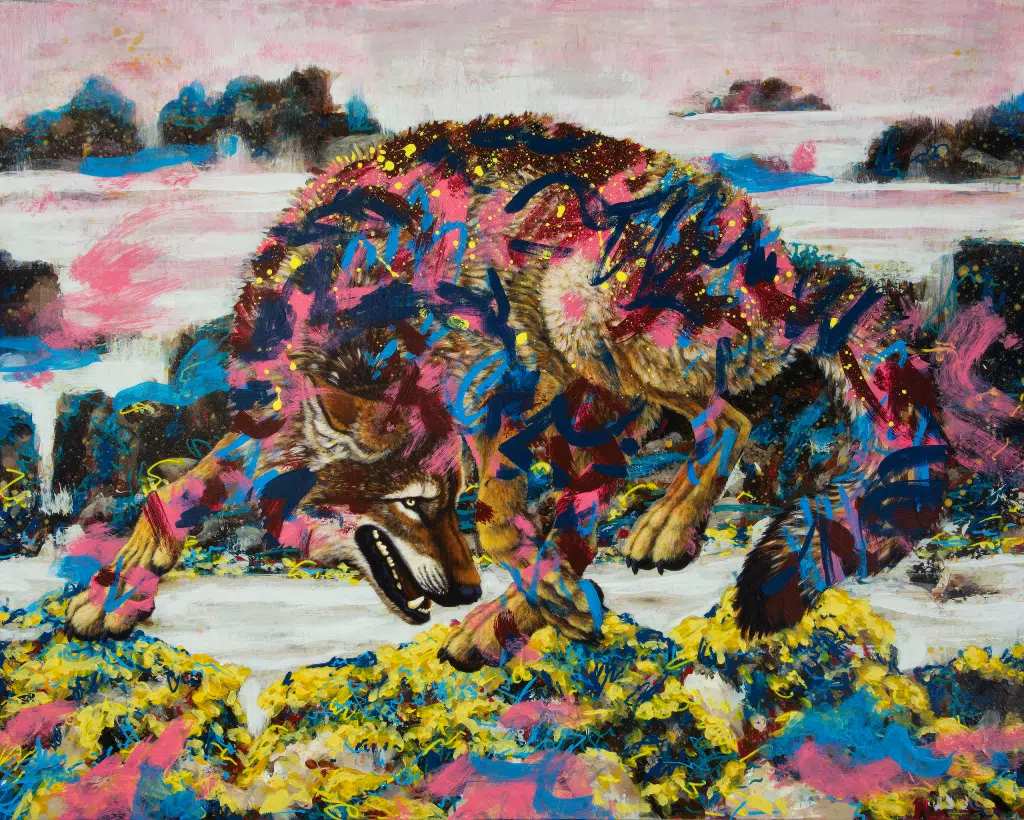 Coastal-Wolf-EDGELESS-2560 Coastal Wolf At Play-A painting of a wolf playfully leaping over some seaweed covered rocks. The rocky coastline background is rendered loosly in an abstract style. The wolf is painted over with abstract elements in various colors.