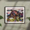 Coastal Wolf At Play-framed print mockup in room. A painting of a wolf playfully leaping over some seaweed covered rocks. The rocky coastline background is rendered loosly in an abstract style. The wolf is painted over with abstract elements in various colors.