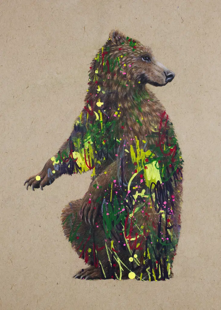Little-Bear-2560 Little Bear. A drawing of a brown bear standing on two legs, looking over its shoulder. Abstract elements of paint cover over portions of the bear in various colors and sizes.