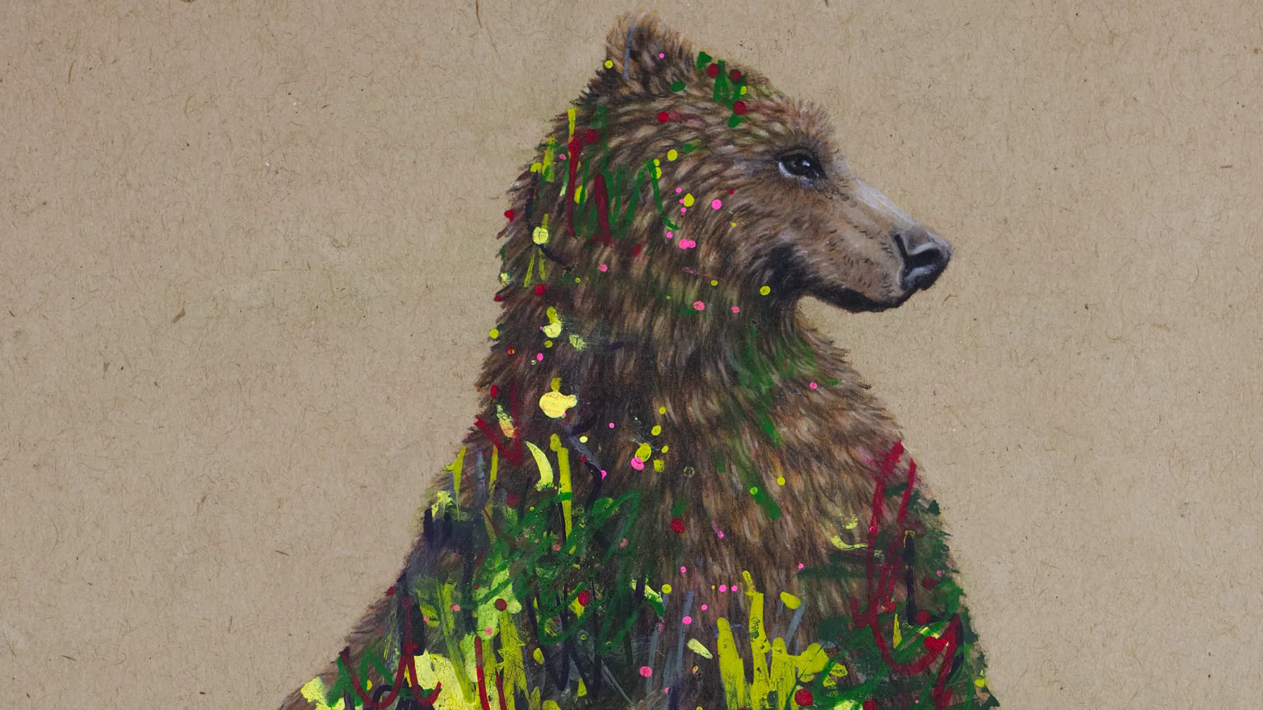 Little-Bear-MARQUE-2560 Little Bear artwork. Cropped top portion. A drawing of a brown bear standing on two legs, looking over its shoulder. Abstract elements of paint cover over portions of the bear in various colors and sizes.