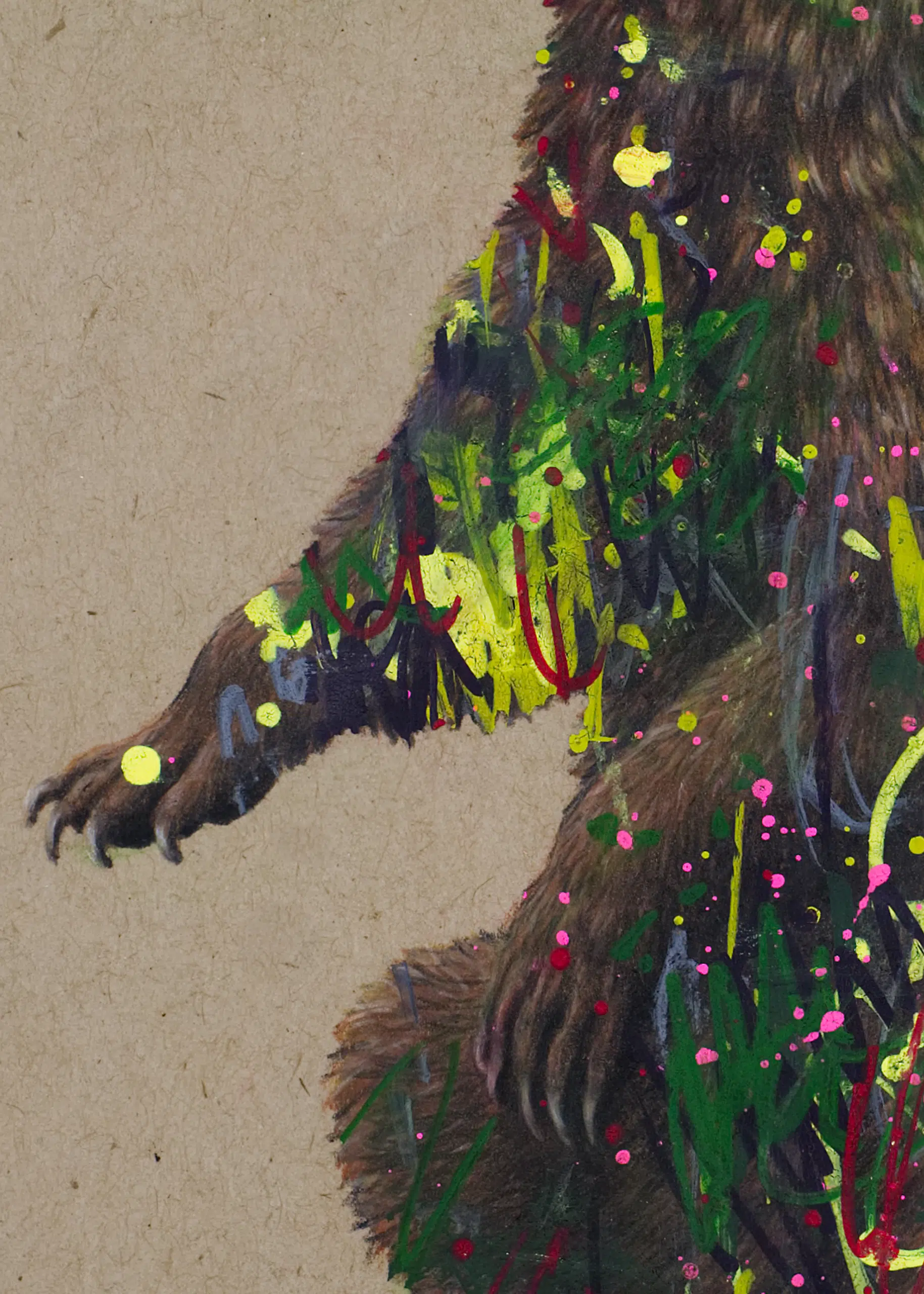 LittleBear-DETAIL-01-2560 Little Bear- cropped artwork detail. A drawing of a brown bear standing on two legs, looking over its shoulder. Abstract elements of paint cover over portions of the bear in various colors and sizes.