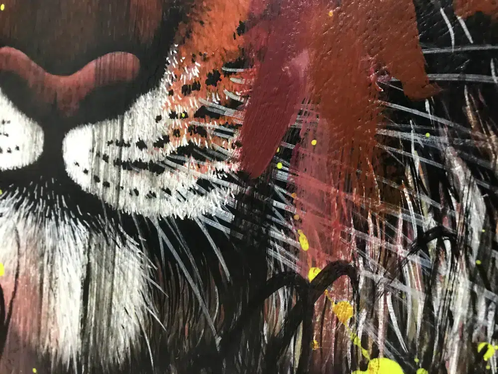 I Don't Want To Live In A World Without Tigers (Siberian Tiger)-Cropped detail. Painting of a Siberian tiger portrait which is facing the viewr directly. The portrait is painted over with abstract elements in various colors.