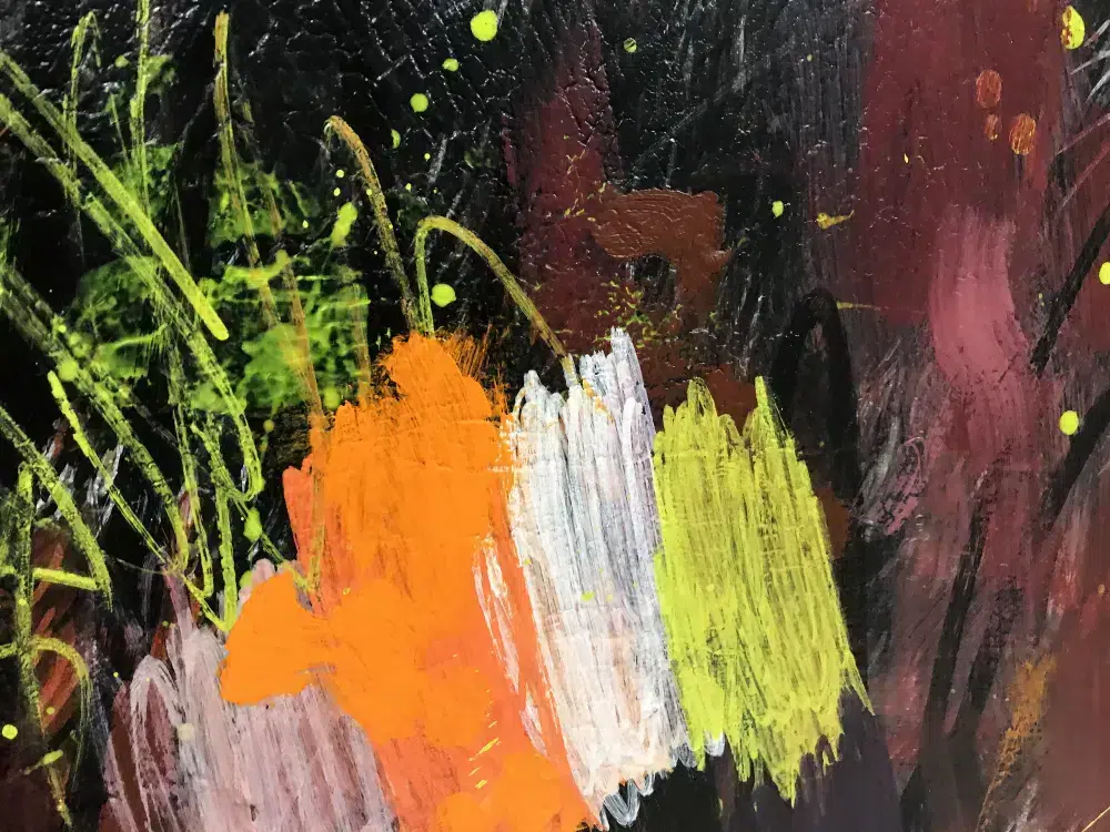 I Don't Want To Live In A World Without Tigers (Siberian Tiger)-Cropped detail. Painting of a Siberian tiger portrait which is facing the viewr directly. The portrait is painted over with abstract elements in various colors.