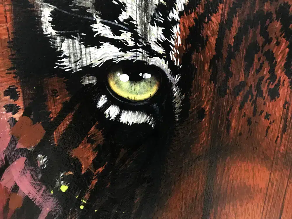 I Don't Want To Live In A World Without Tigers (Siberian Tiger)-Cropped detail of tiger's eye. Painting of a Siberian tiger portrait which is facing the viewr directly. The portrait is painted over with abstract elements in various colors.