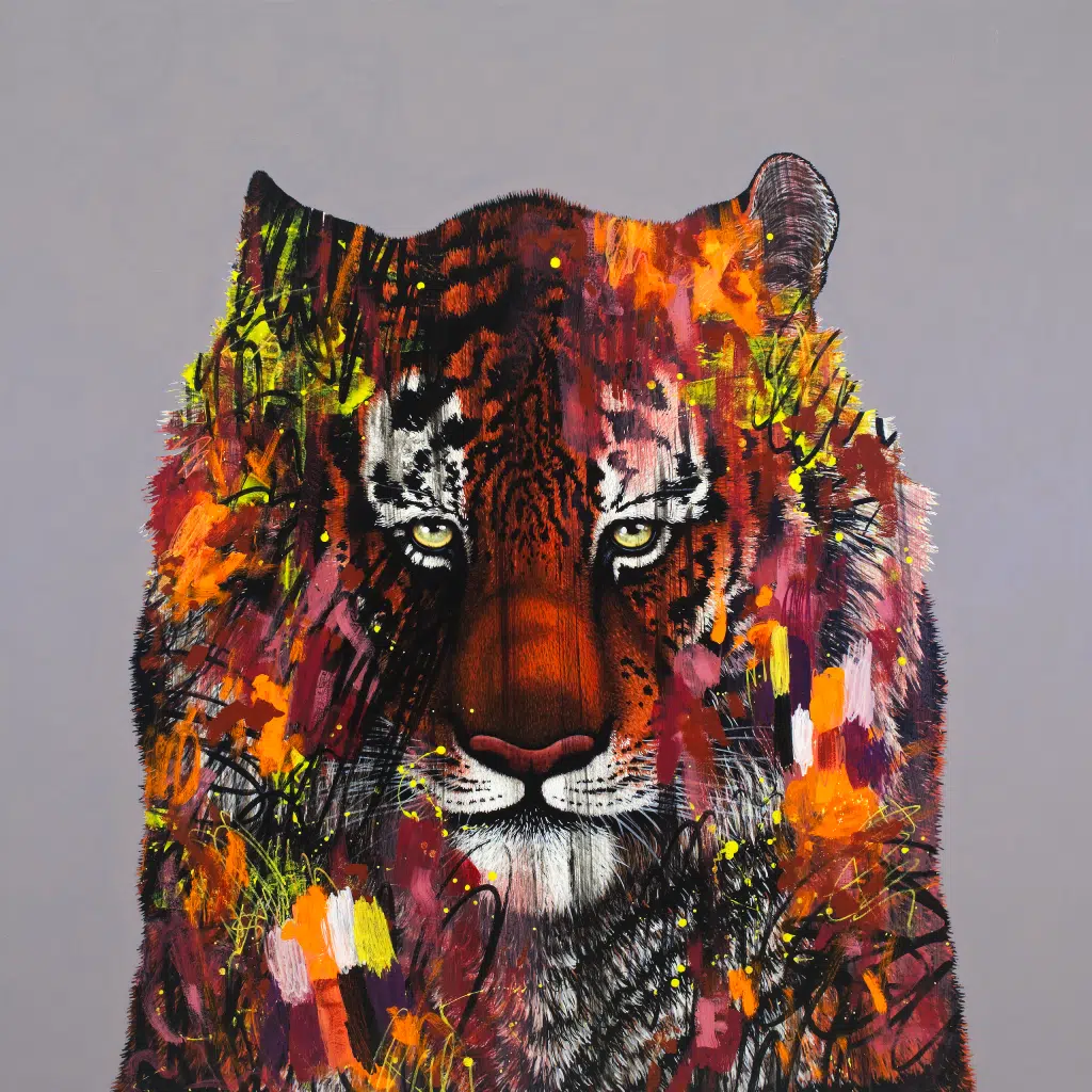 I Don't Want To Live In A World Without Tigers (Siberian Tiger)-Painting of a Siberian tiger portrait which is facing the viewr directly. The portrait is painted over with abstract elements in various colors.