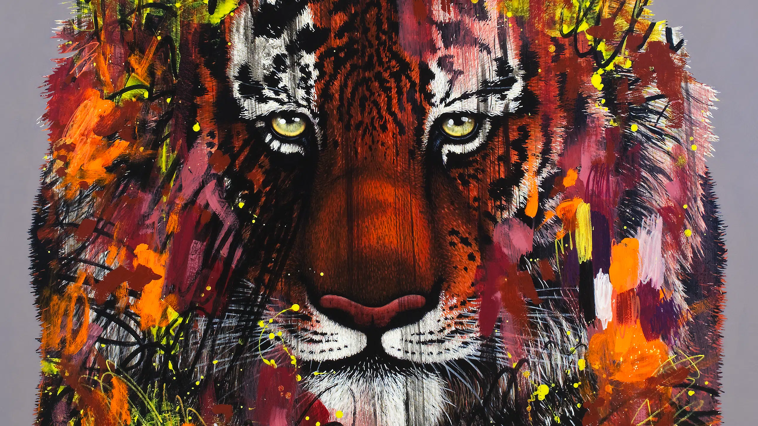 I Don't Want To Live In A World Without Tigers (Siberian Tiger)-Cropped detail of tiger's face. Painting of a Siberian tiger portrait which is facing the viewr directly. The portrait is painted over with abstract elements in various colors.