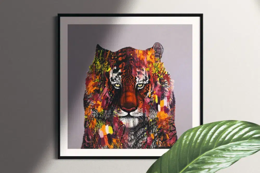 I Don't Want To Live In A World Without Tigers (Siberian Tiger)-Framed print mockup in room. Painting of a Siberian tiger portrait which is facing the viewr directly. The portrait is painted over with abstract elements in various colors.