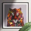 I Don't Want To Live In A World Without Tigers (Siberian Tiger)-Framed print mockup in room. Painting of a Siberian tiger portrait which is facing the viewr directly. The portrait is painted over with abstract elements in various colors.