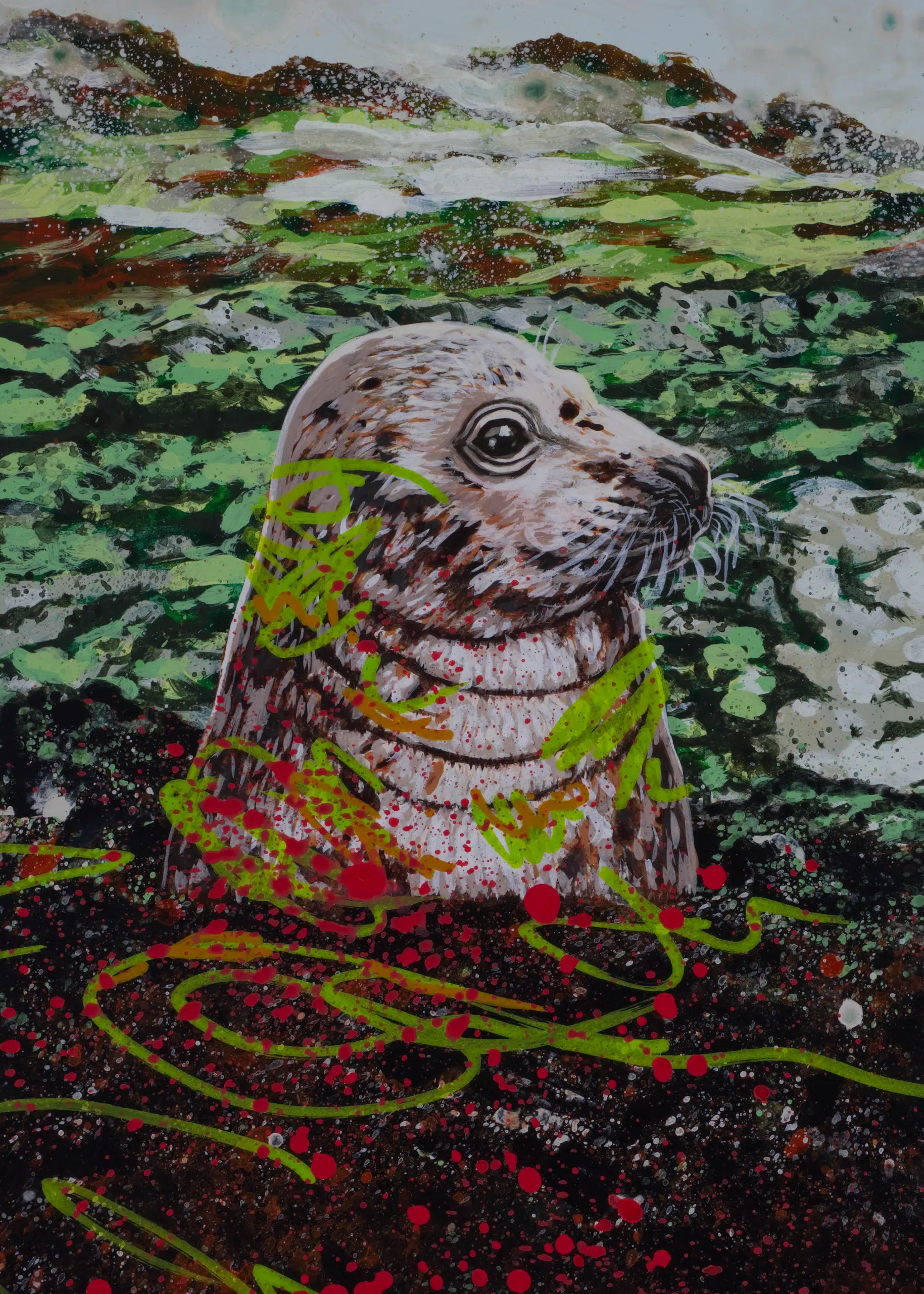 This-Place-Is-Magic-GREEN-SEAL-2560 This Place Is Magic-Painting of a gray seal portrain over a green landscape background inspired by Krafla Lava Feilds in Iceland.