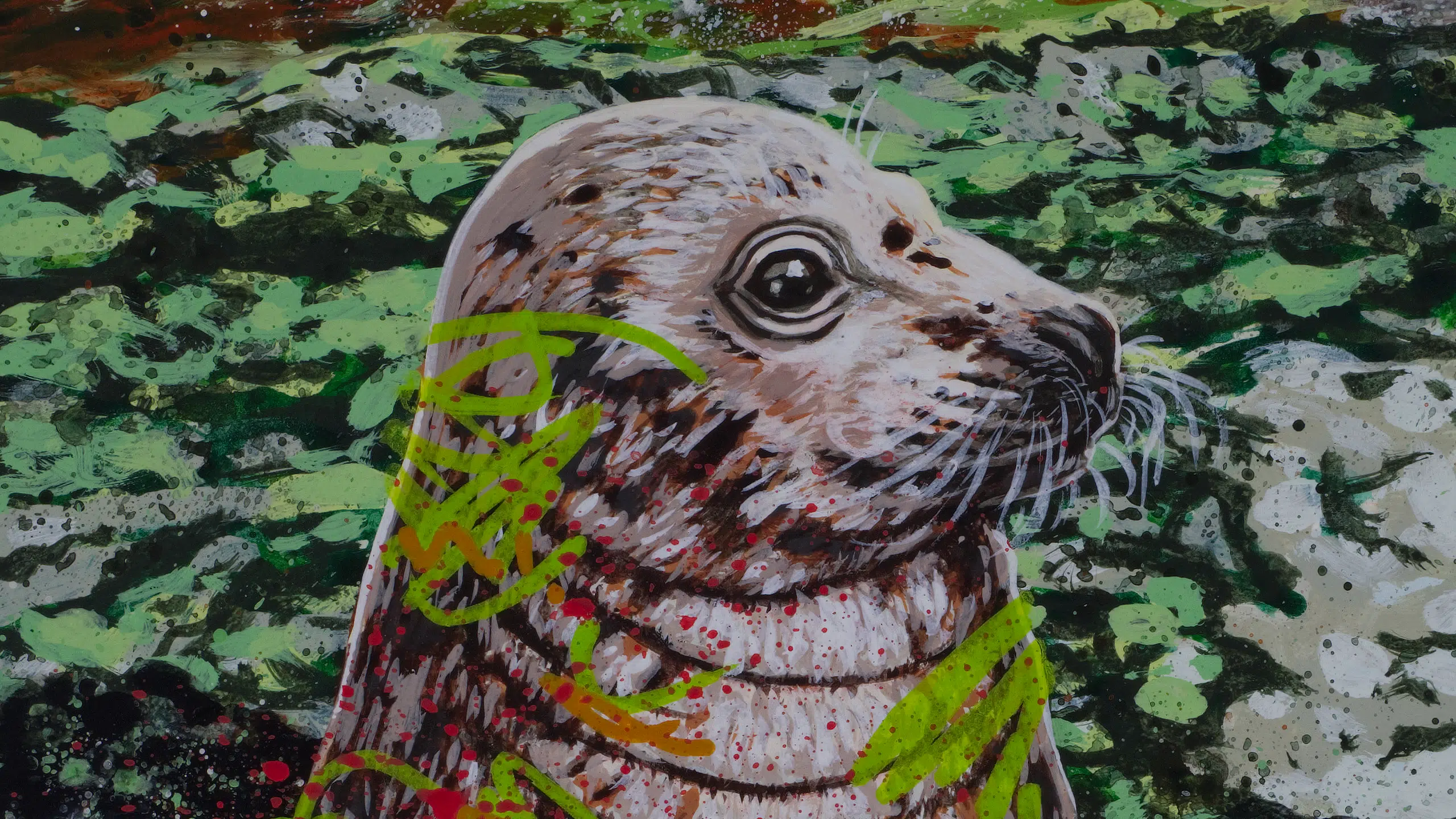 This-Place-Is-Magic-MARQUE-GREEN-2560 This Place Is Magic-cropped detail of gray seal on green landscape background.