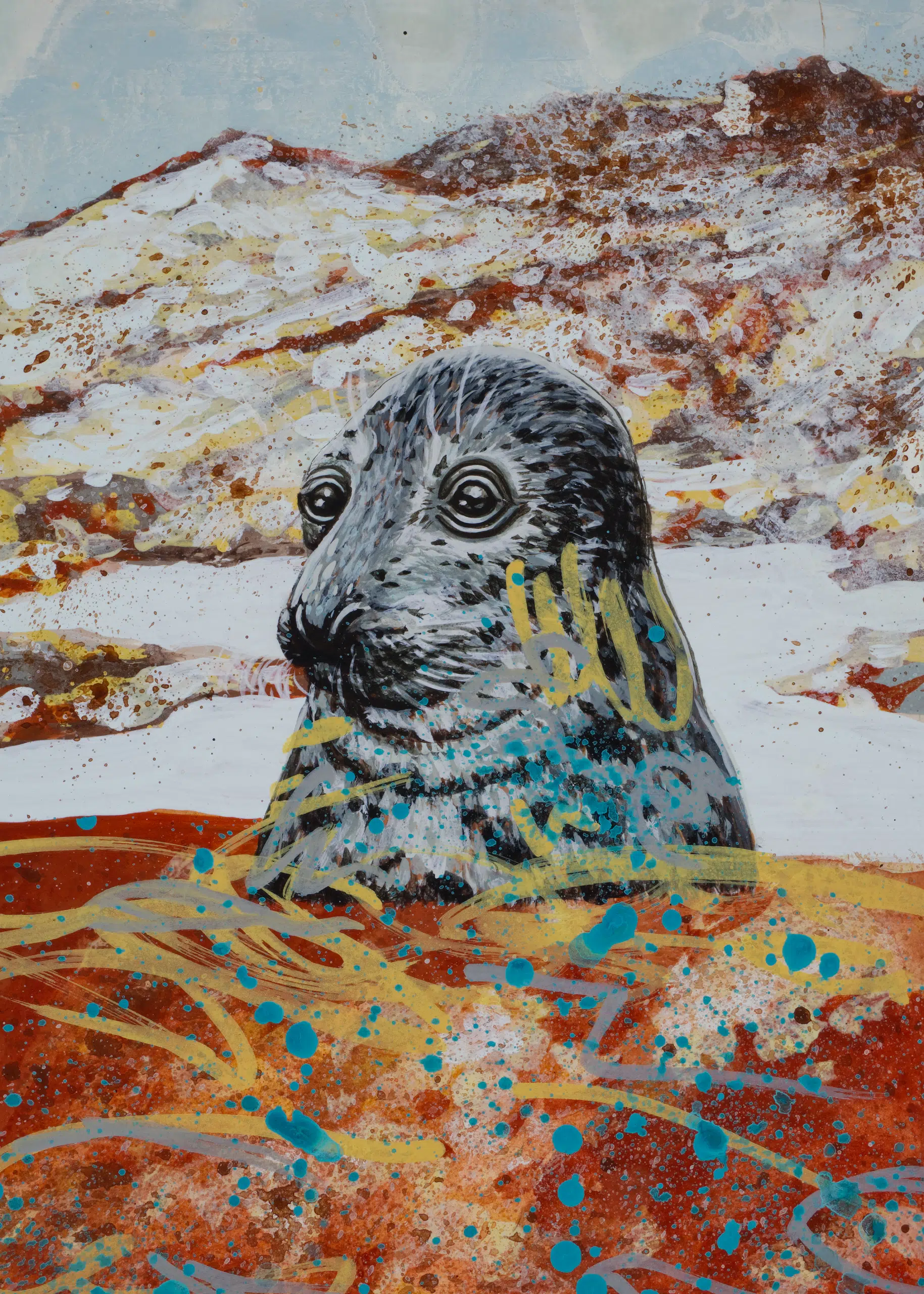 This-Place-Is-Magic-RED-SEAL-2560 This Place Is Magic-Painting of a gray seal portrain over a red landscape background inspired by Hverir Geothermal Area in Iceland.