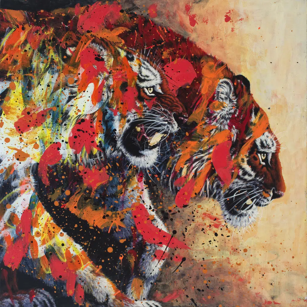 Tiger Friends. A painting of two tigers walking out of darkness into light. The tiger in front snarls. The tiger in back has head lowerd, looking forward with moth slightly open. The tigers are painted over with abstract elements in bright pink, orange and yellow.