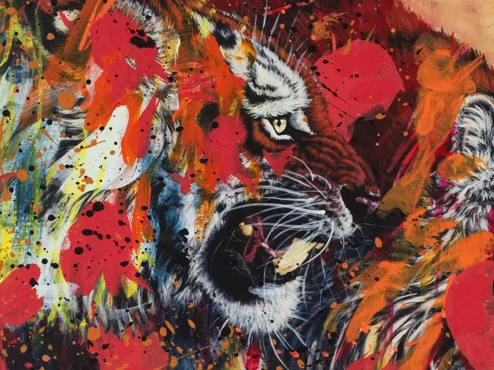 Tiger Friends-cropped detail of first tiger. A painting of two tigers walking out of darkness into light. The tiger in front snarls. The tiger in back has head lowerd, looking forward with moth slightly open. The tigers are painted over with abstract elements in bright pink, orange and yellow.