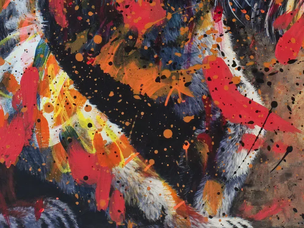 Tiger Friends-cropped detail. A painting of two tigers walking out of darkness into light. The tiger in front snarls. The tiger in back has head lowerd, looking forward with moth slightly open. The tigers are painted over with abstract elements in bright pink, orange and yellow.