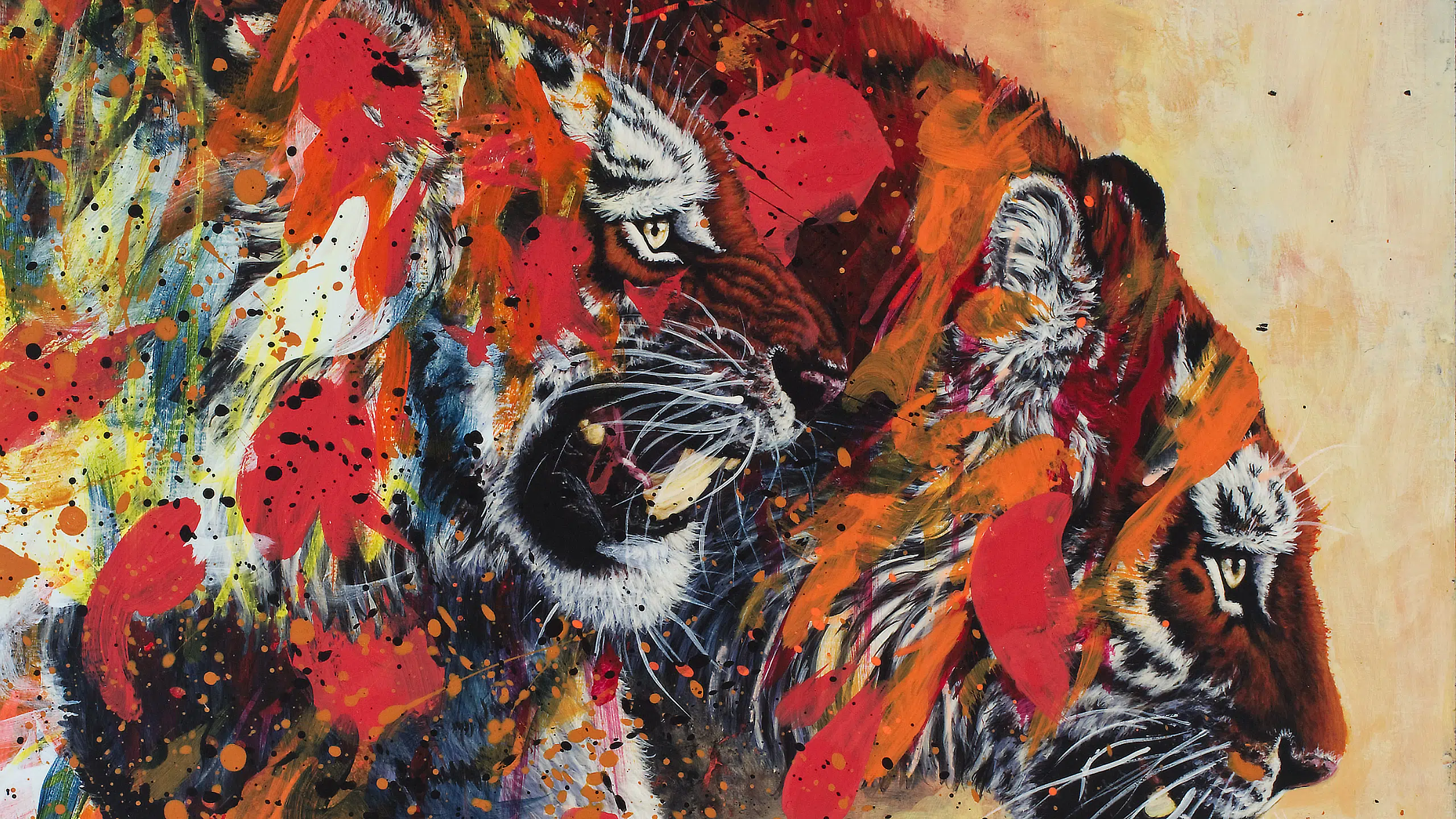 Tiger Friends-cropped detail of tigers. A painting of two tigers walking out of darkness into light. The tiger in front snarls. The tiger in back has head lowerd, looking forward with moth slightly open. The tigers are painted over with abstract elements in bright pink, orange and yellow.