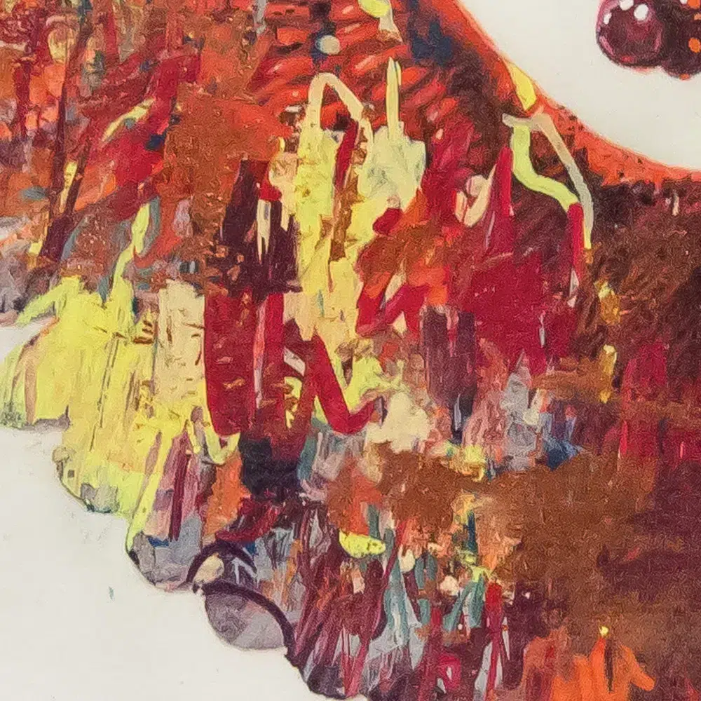 Winter Cardinal-cropped detail. A drawing of a red cardinal in flight, holding a cluster of berries in its mouth. The drawing is colored over with abstract elements of paint in various colors.