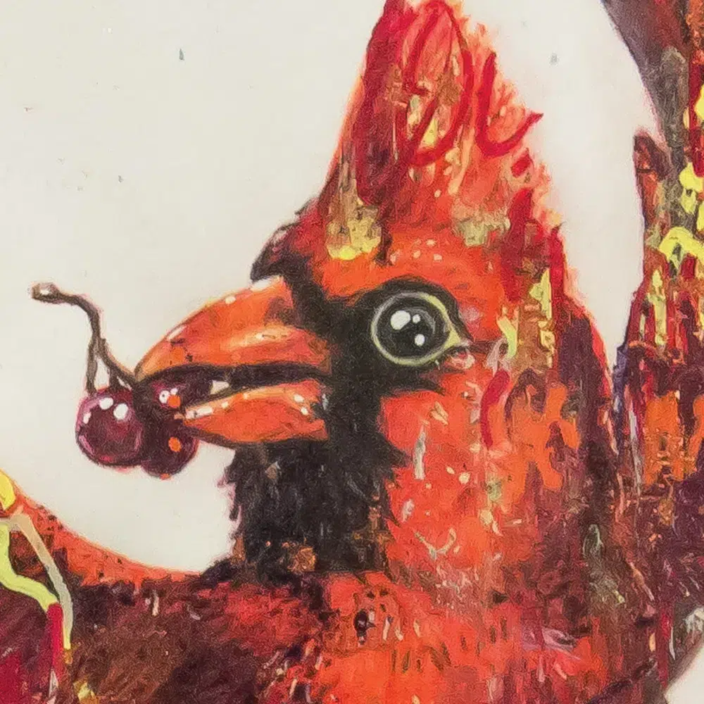 Winter Cardinal-cropped detail. A drawing of a red cardinal in flight, holding a cluster of berries in its mouth. The drawing is colored over with abstract elements of paint in various colors.