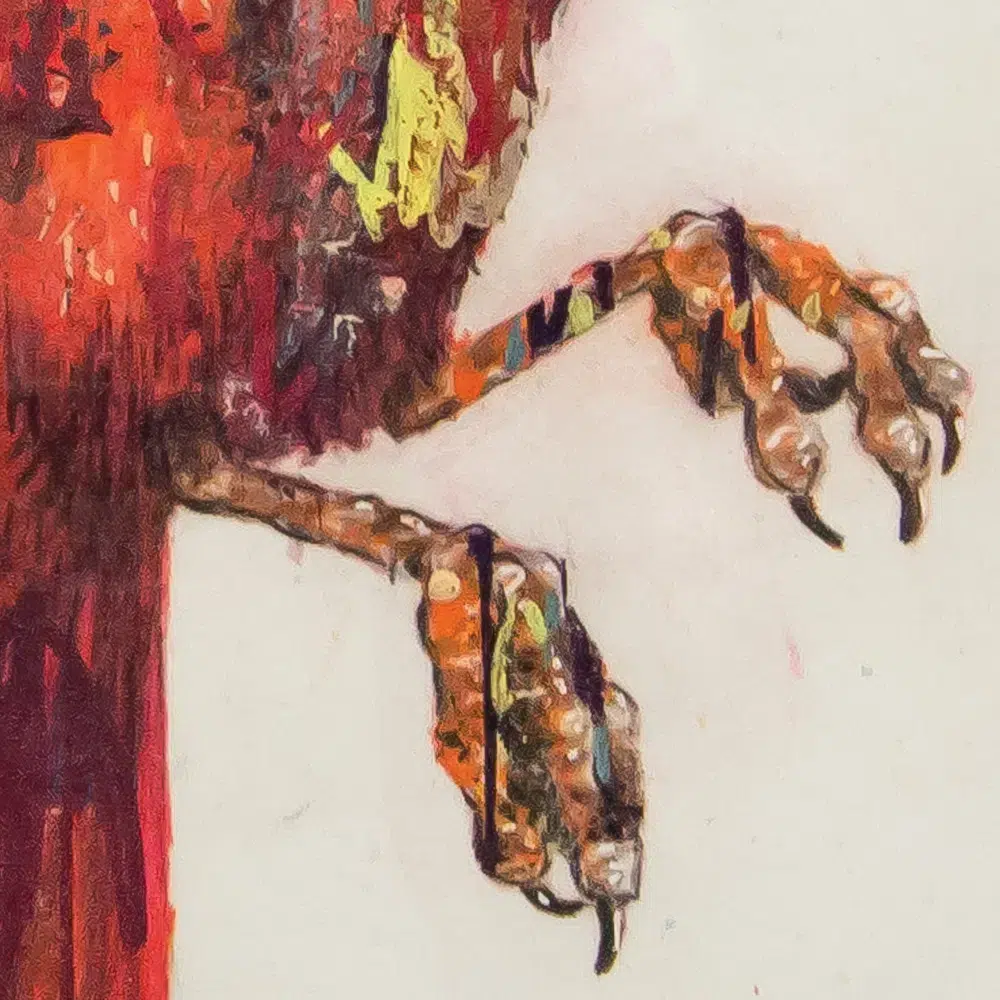 Winter Cardinal-cropped detail. A drawing of a red cardinal in flight, holding a cluster of berries in its mouth. The drawing is colored over with abstract elements of paint in various colors.