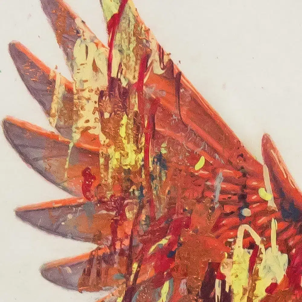 Winter Cardinal-cropped detail. A drawing of a red cardinal in flight, holding a cluster of berries in its mouth. The drawing is colored over with abstract elements of paint in various colors.
