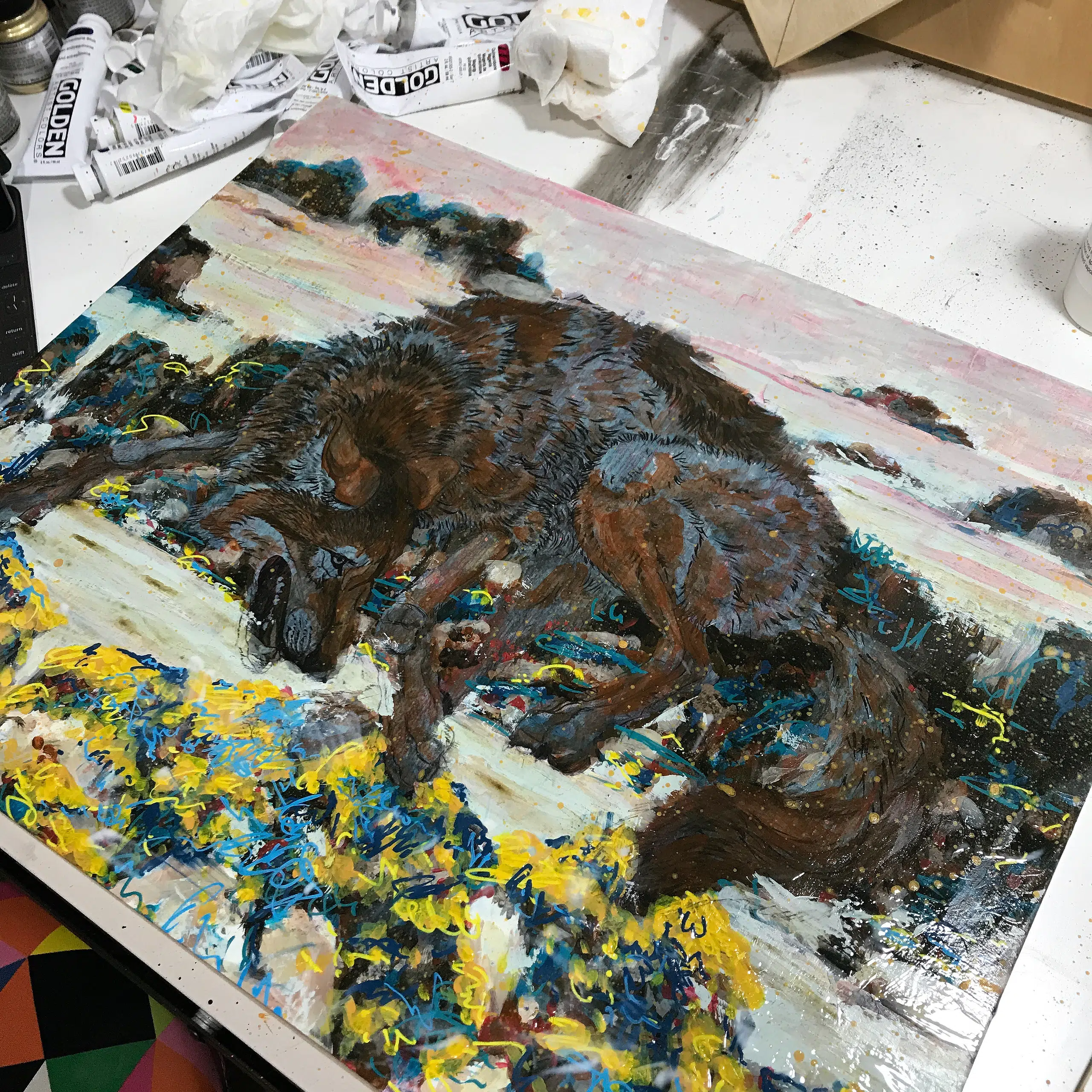 Coastal-Wolf-PROCESS-02-2560 In process photo of Coastal Wolf At Play-the first layers of the wolf.