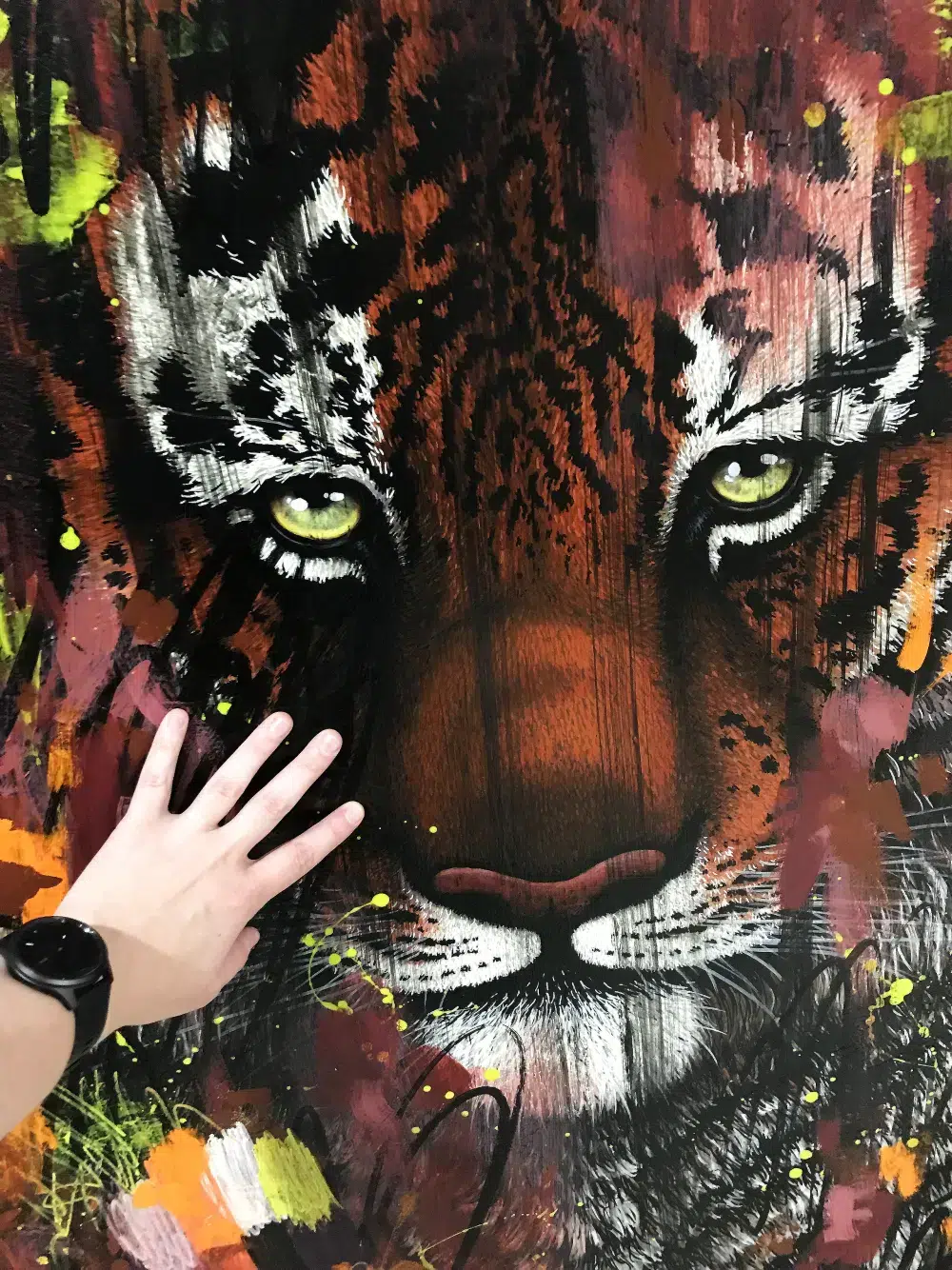 I Don't Want To Live In A World Without Tigers (Siberian Tiger)-Cropped detail of tiger with artist's hand for scale. Painting of a Siberian tiger portrait which is facing the viewr directly. The portrait is painted over with abstract elements in various colors.